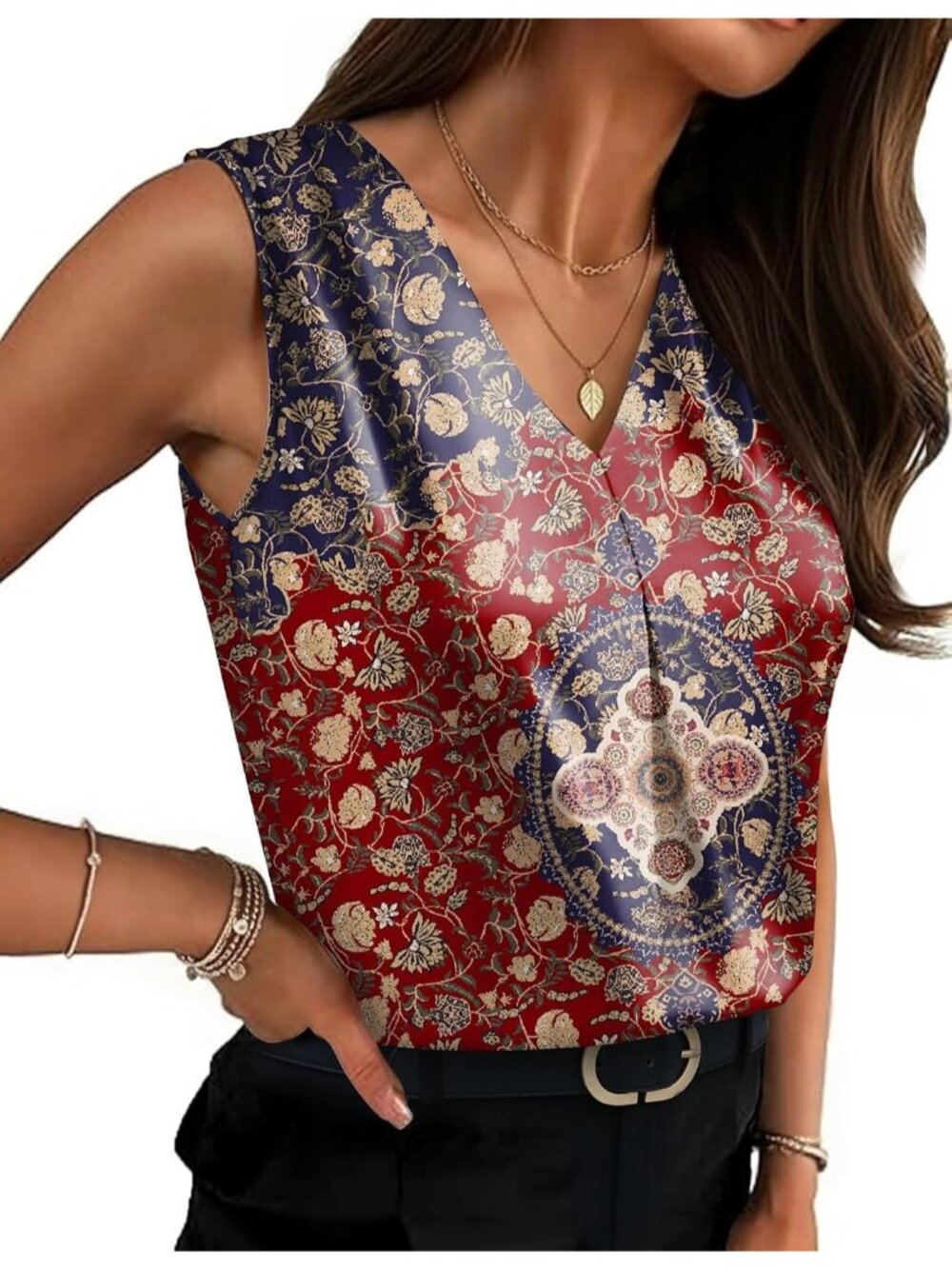 Women's Wine Red Sleeveless V Neck Silk Satin Blouse Loose Fit Casual Tank Top